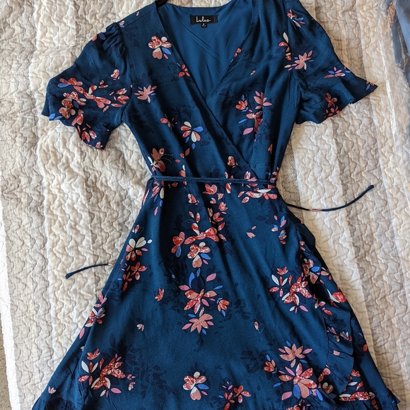 Teal Blue Floral Print Ruffled Wrap Dress, Size Small - Picture 5 of 7